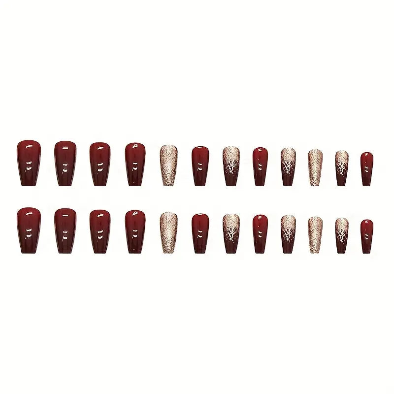 24pcs Golden Glitter, Red Nails - Acrylic