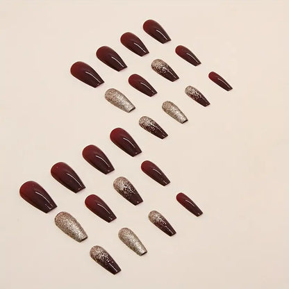 24pcs Golden Glitter, Red Nails - Acrylic