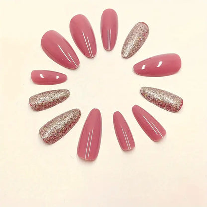 24pcs Set of Glittery Pink Almond-Shaped Press-On Nails with Jelly Adhesive & Nail File - Medium Length, Shiny Finish