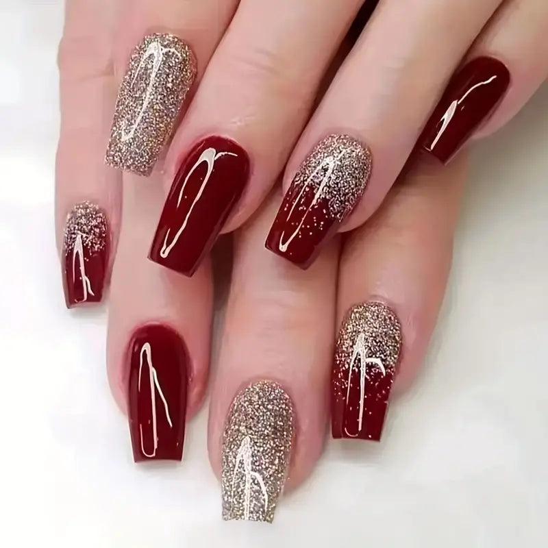 24pcs Golden Glitter, Red Nails - Acrylic