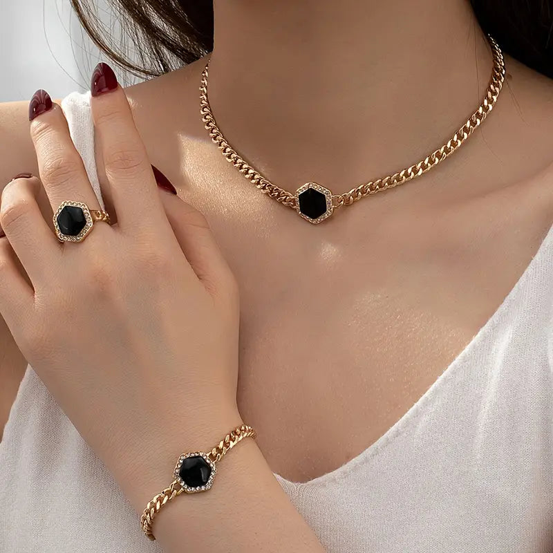 3pcs Jewelry Set - Black Hexagon Pendant Necklace, Ring & Bracelet