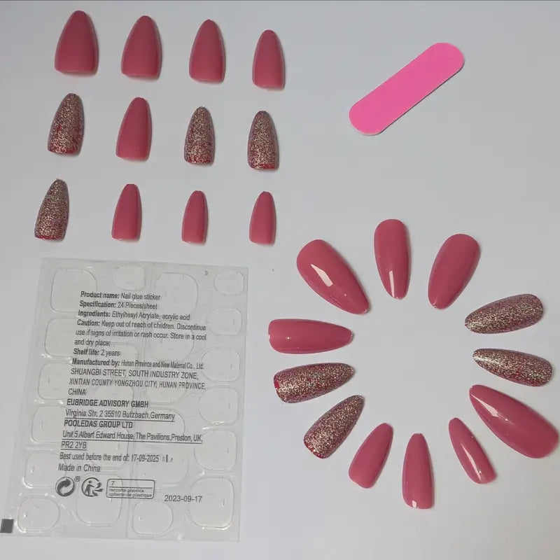 24pcs Set of Glittery Pink Almond-Shaped Press-On Nails with Jelly Adhesive & Nail File - Medium Length, Shiny Finish