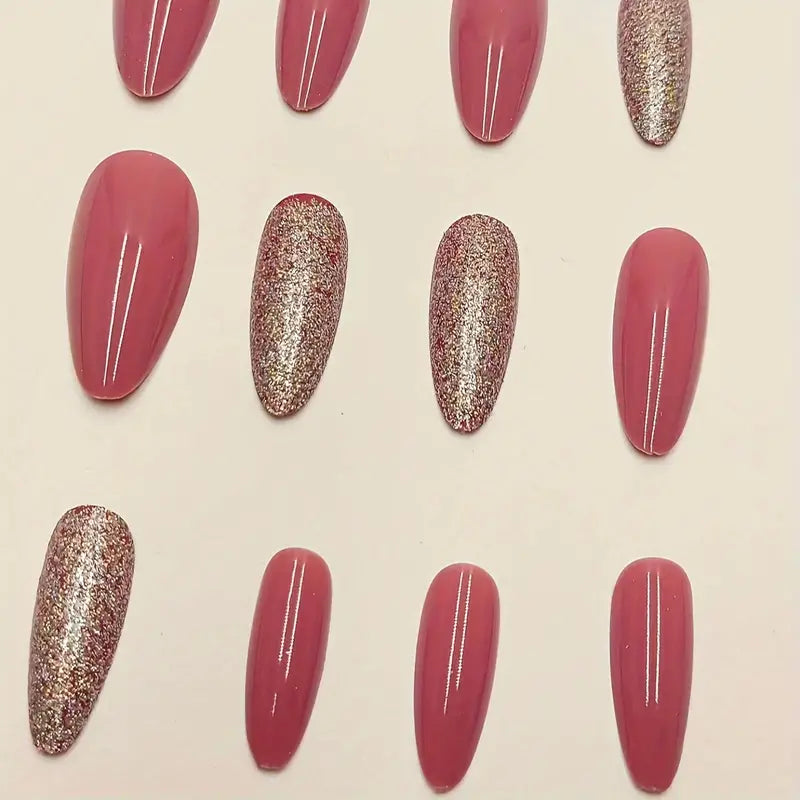 24pcs Set of Glittery Pink Almond-Shaped Press-On Nails with Jelly Adhesive & Nail File - Medium Length, Shiny Finish